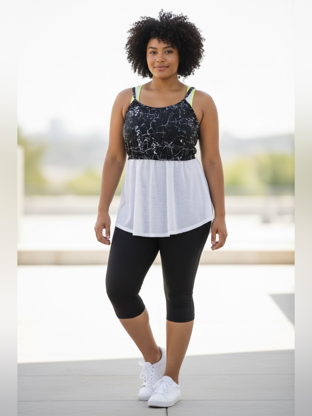 ACTIVE ZONE BY PENNINGTONS, 4X, Athletic Tank Camisole Built-In Bra White Black